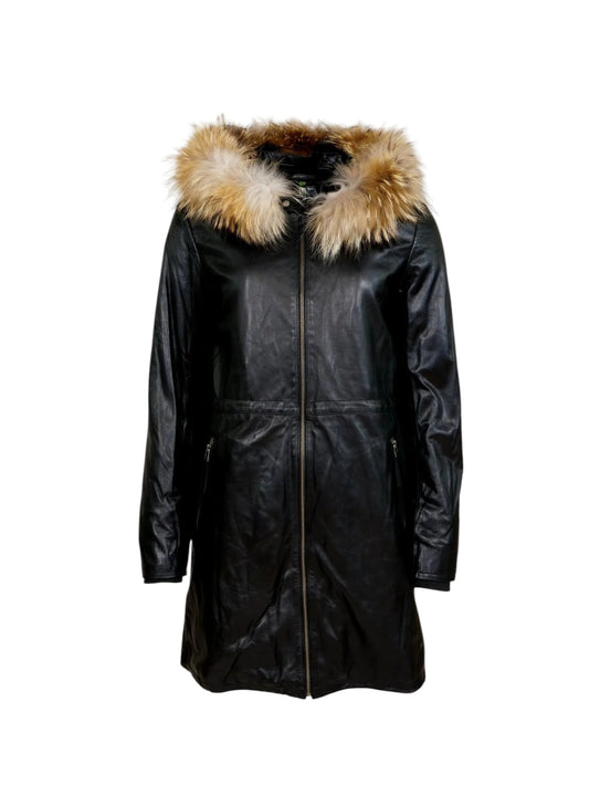 Women's Black Detachable Hood Real Fur Collar Puffer Long Coat