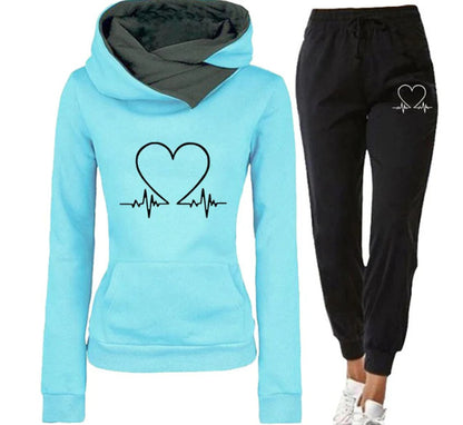 Love Heart Printed Sports Suit Hooded Sweatshirt Top And Drawstring Pants Fashion Casual Track Suit for Women's