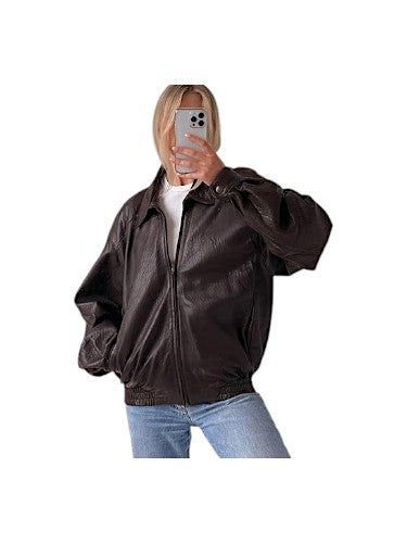 Women's Oversized Real Bomber Brown Leather Jacket