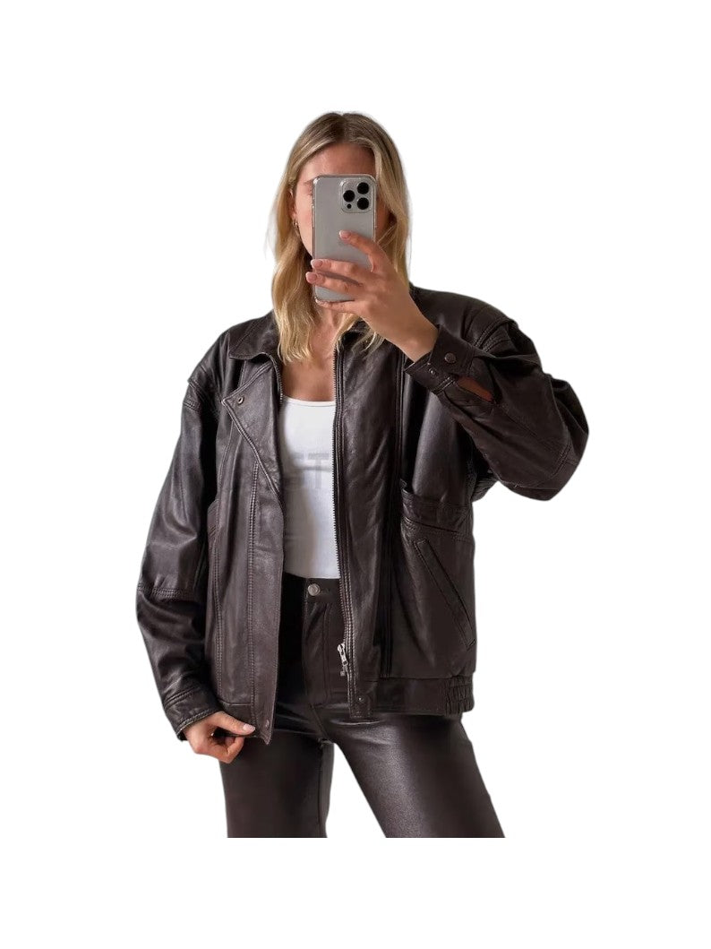 Women's Deep Brown Bomber Leather Jacket