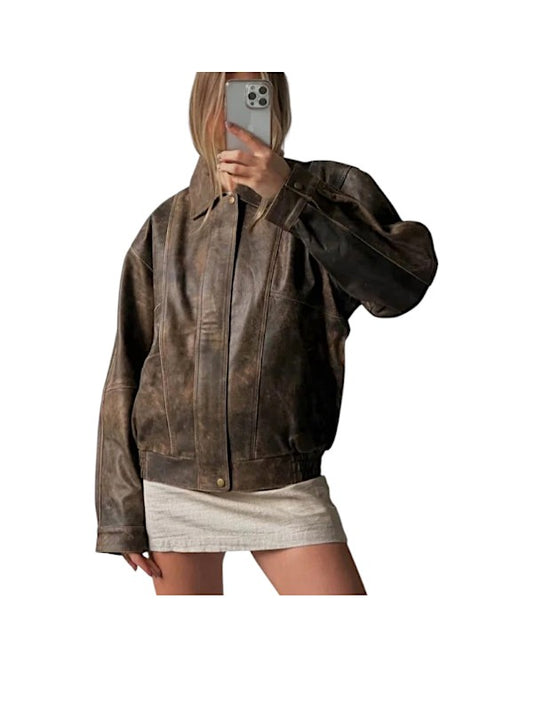 90's Style Vintage Distressed Oversized Brown Leather Jacket