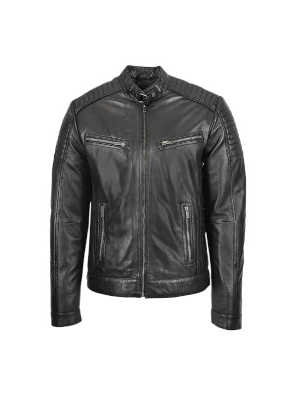 Men's Black Café Racer Biker Leather Jacket