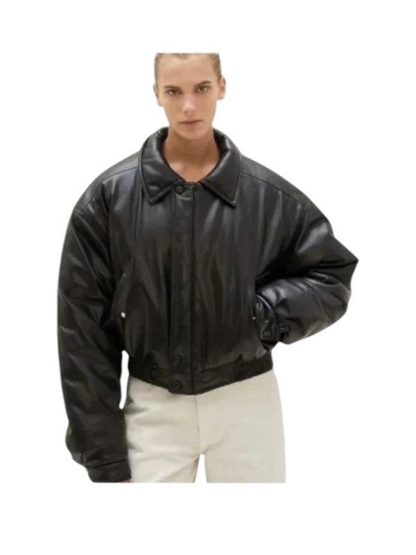 Women's Oversized Bomber Black Leather Jacket