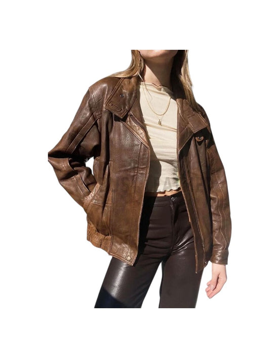 Women's Vintage Oversize Cowhide Brown Leather Jacket