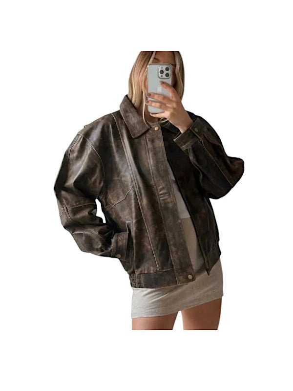 90's Style Vintage Distressed Oversized Brown Leather Jacket