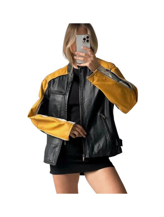 Women's Black Moto Yellow Striped Leather Jacket