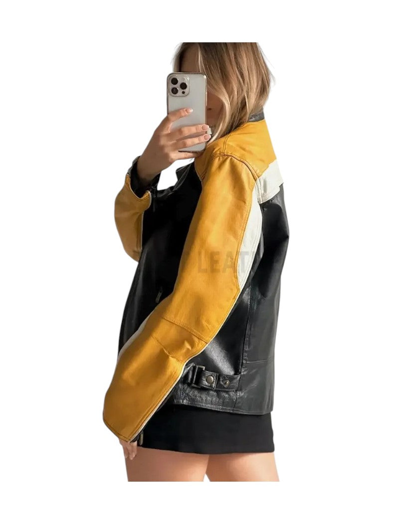 Women's Black Moto Yellow Striped Leather Jacket