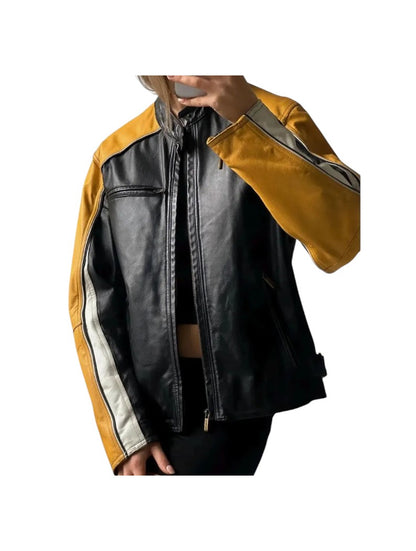 Women's Black Moto Yellow Striped Leather Jacket