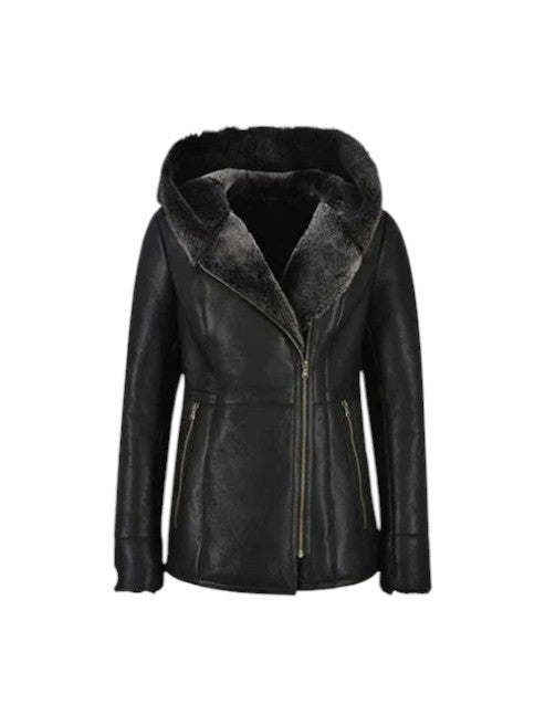 Women's B3 Flying Hooded Aviator Shearling Winter Leather Jacket