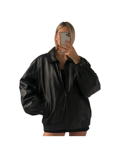 Women's Oversized Black Bomber 90's Style Leather Jacket