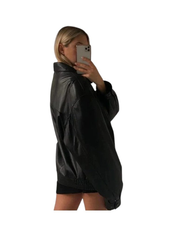 Women's Oversized Black Bomber 90's Style Leather Jacket