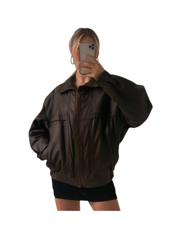 Women's Oversized Sheepskin Brown Leather Jacket