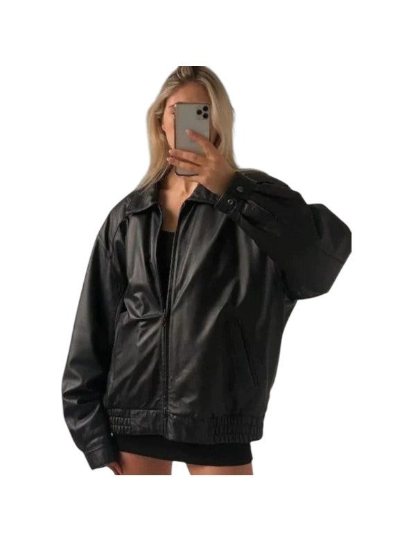 Women's Oversized Black Bomber 90's Style Leather Jacket