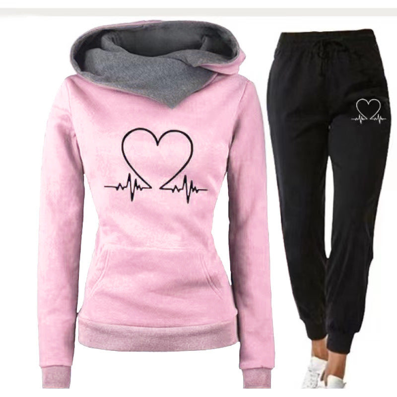 Love Heart Printed Sports Suit Hooded Sweatshirt Top And Drawstring Pants Fashion Casual Track Suit for Women's