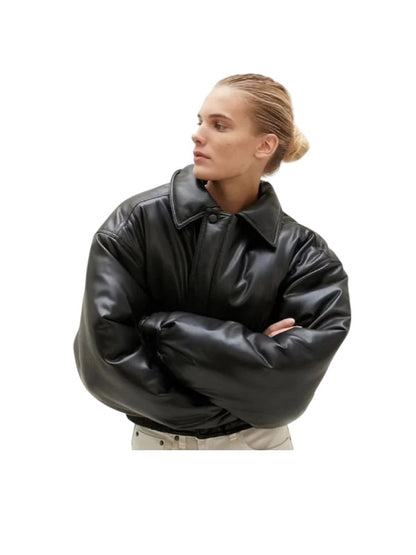 Women's Oversized Bomber Black Leather Jacket