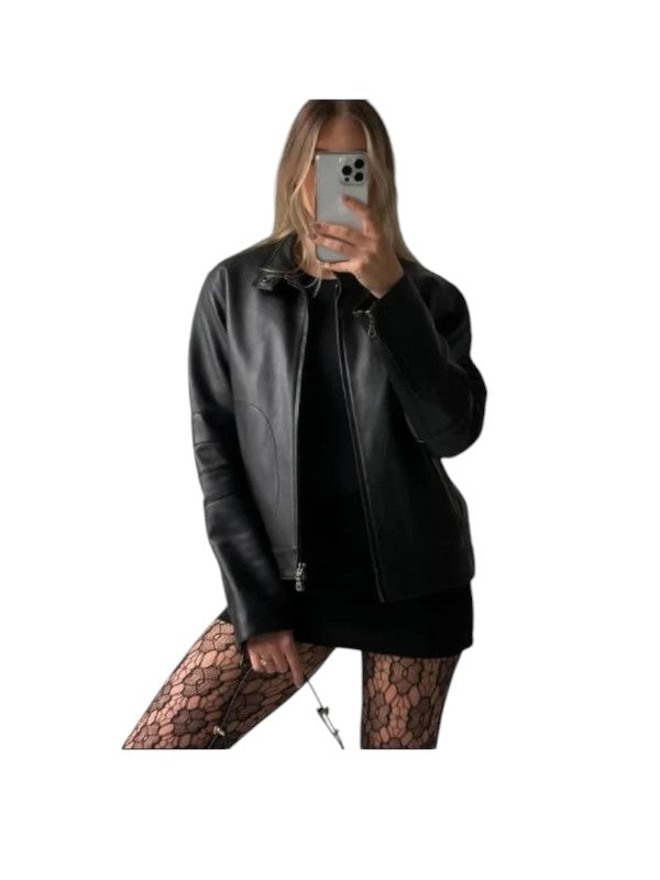 Women's Oversized Vintage Reverse Zipper Moto Jacket