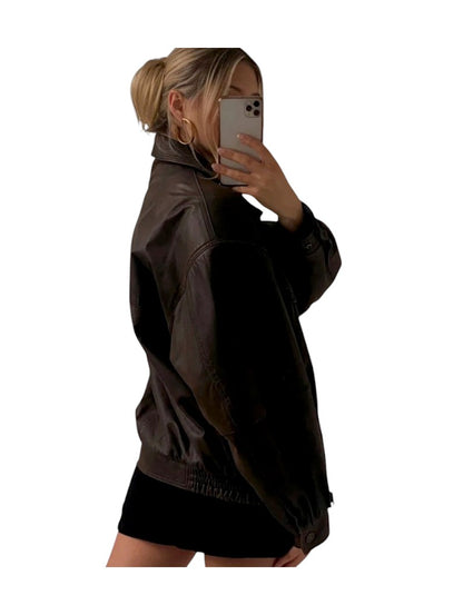 Women's Oversized Sheepskin Brown Leather Jacket