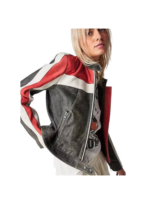 Women's Striped Cafe Racer Biker Jacket