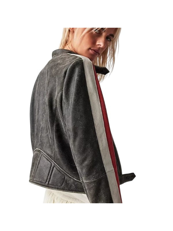 Women's Striped Cafe Racer Biker Jacket