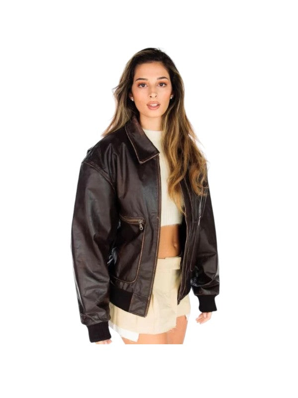 Women's Distressed Oversized 90's Bomber Leather Jacket