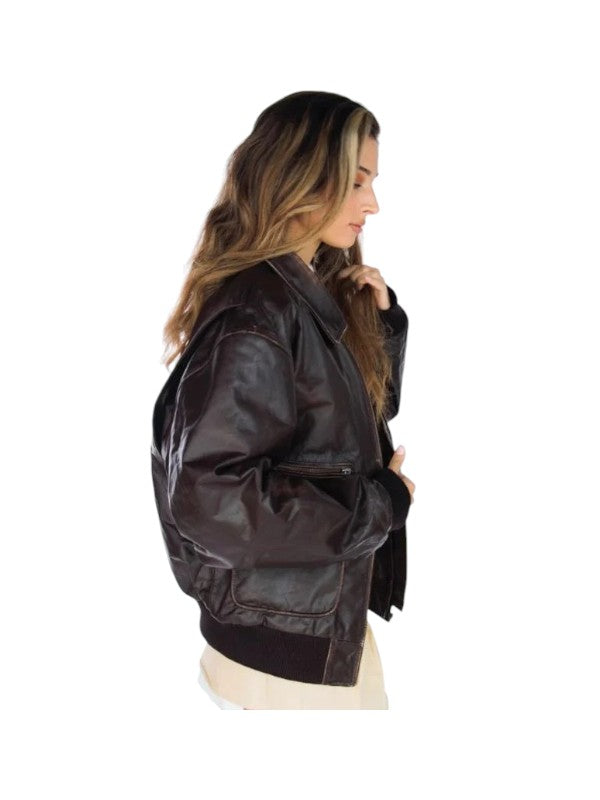 Women's Distressed Oversized 90's Bomber Leather Jacket