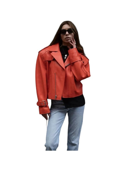 Women's Oversize 80's Orange Biker Cropped Jacket