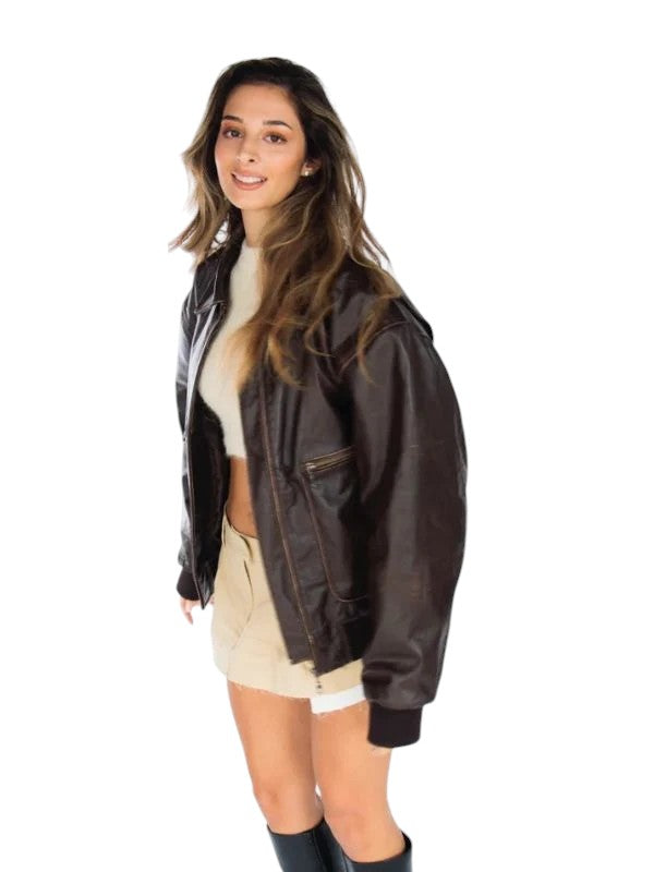 Women's Distressed Oversized 90's Bomber Leather Jacket