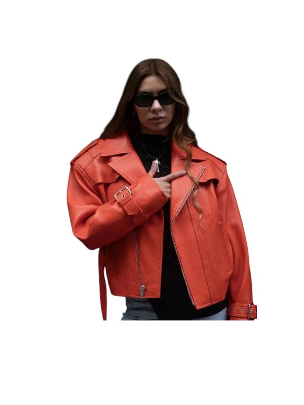 Women's Oversize 80's Orange Biker Cropped Jacket