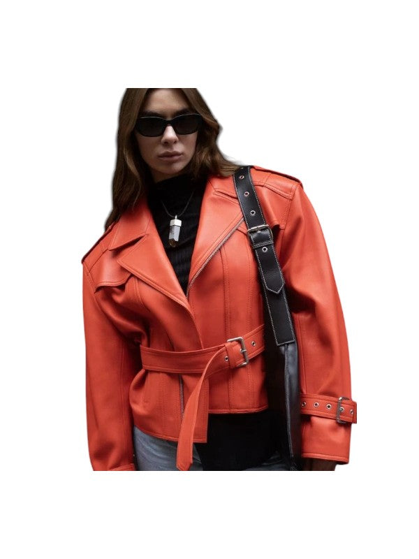 Women's Oversize 80's Orange Biker Cropped Jacket