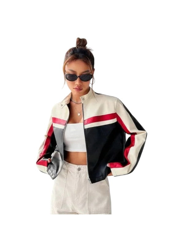 Women's Oversized Colorblock Cropped Leather Jacket