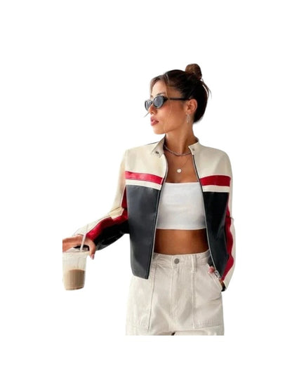 Women's Oversized Colorblock Cropped Leather Jacket