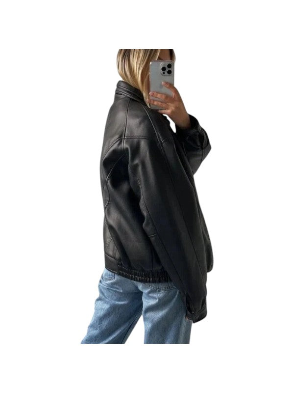 Women's Vintage Retro Oversized Classic Black Leather Jacket