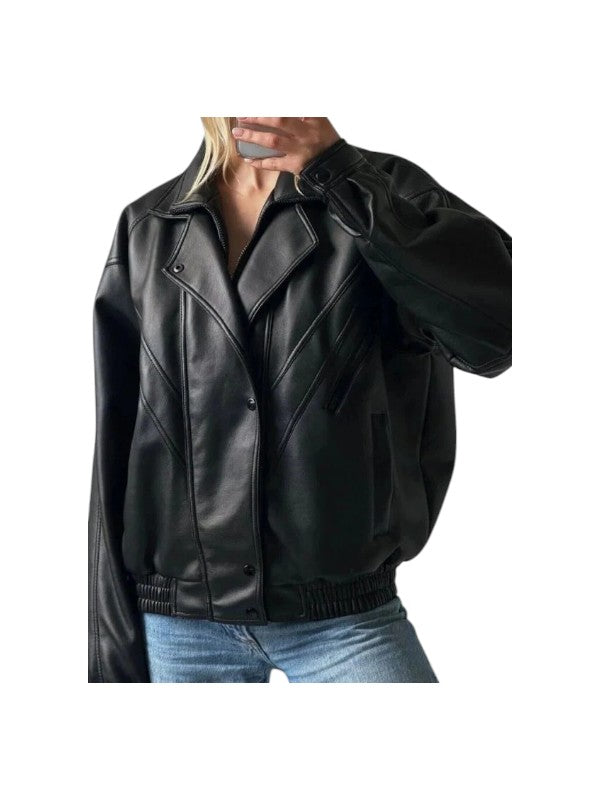 Women's Vintage Retro Oversized Classic Black Leather Jacket