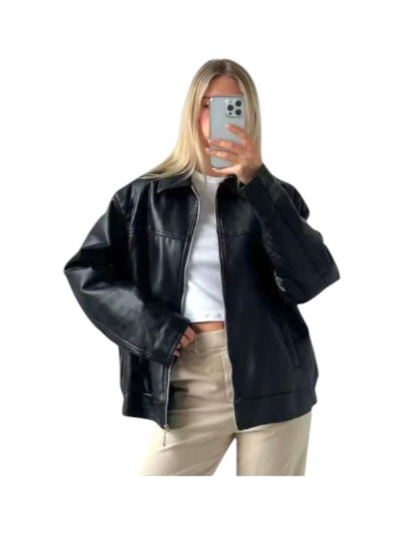 Women's Oversized 90's Bomber Black Leather Jacket