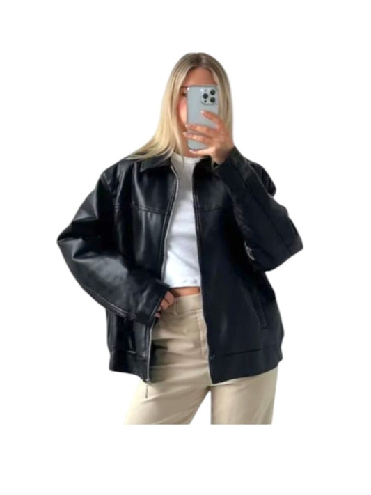 Women's Oversized 90's Bomber Black Leather Jacket