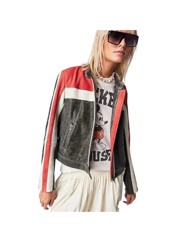 Women's Striped Cafe Racer Biker Jacket