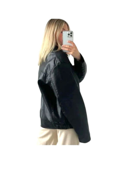 Women's Oversized 90's Bomber Black Leather Jacket