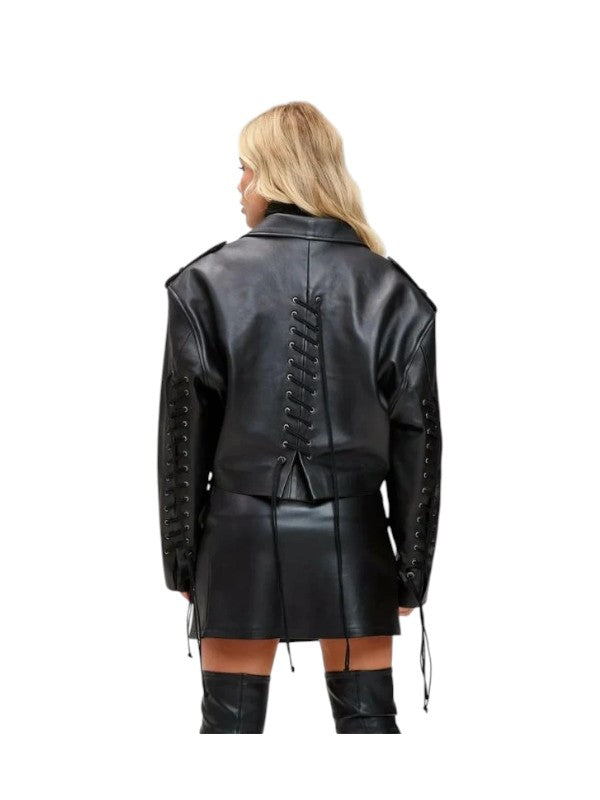 Women's Coolest Black Stripe Oversized Leather Jacket