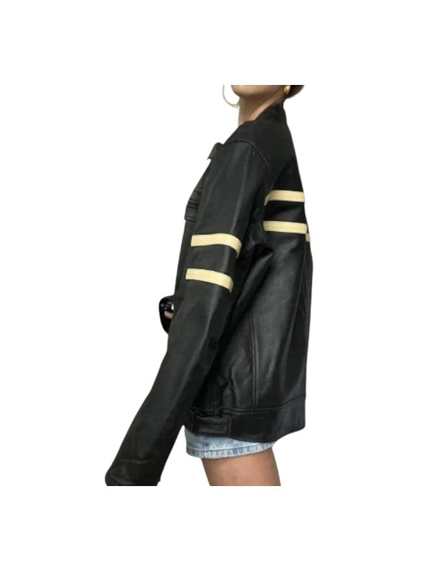 Women's Coolest Black Stripe Oversized Leather Jacket