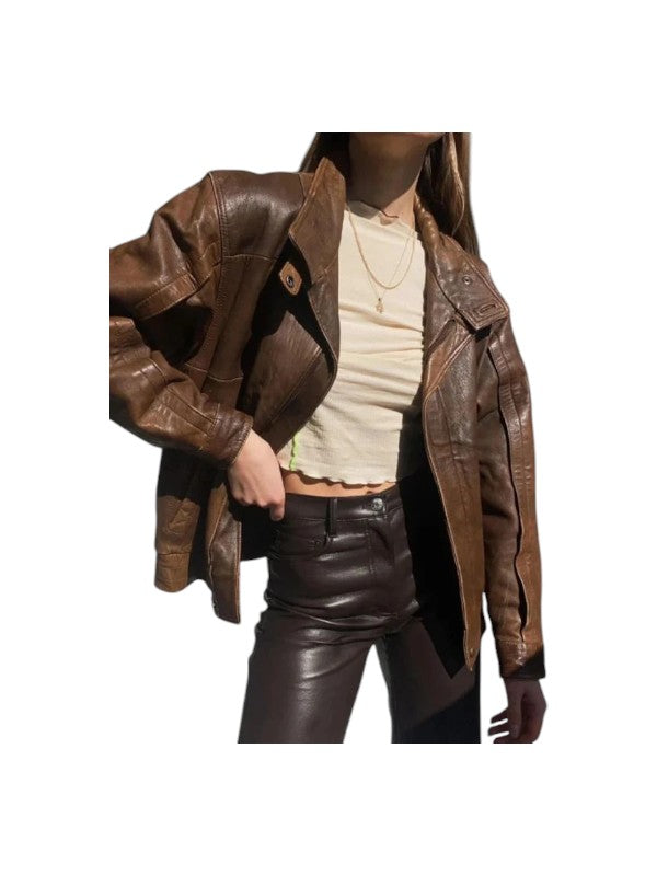 Women's 90's Oversized Vintage Brown Leather Jacket