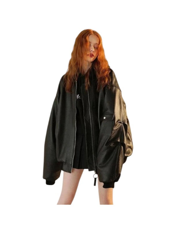 Women's Handmade 90's Oversized Bomber Black Leather Jacket