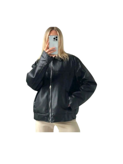 Women's Oversized 90's Bomber Black Leather Jacket