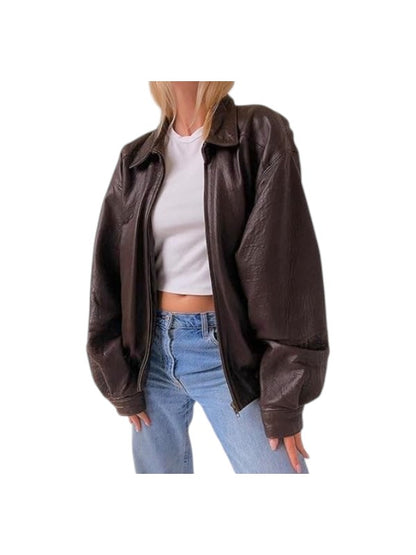 Women's Oversized Real Bomber Brown Leather Jacket