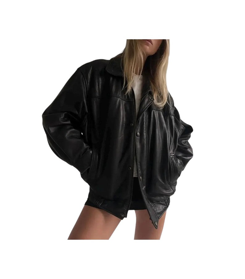 Women Black Classic Pure Leather Bomber Jacket