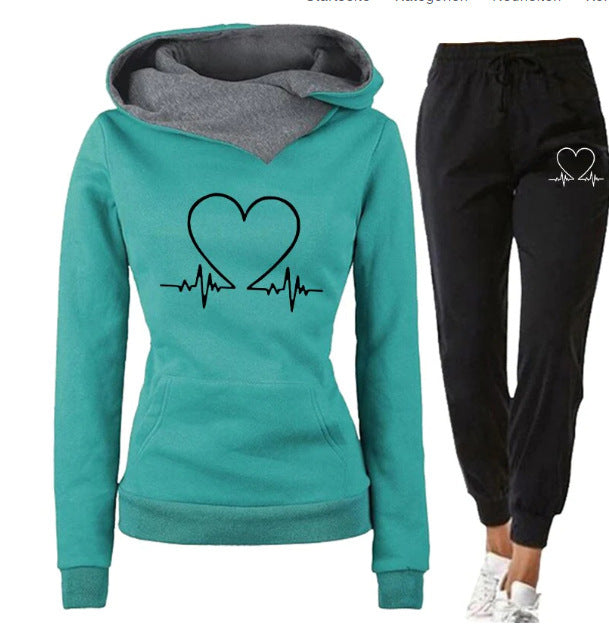 Love Heart Printed Sports Suit Hooded Sweatshirt Top And Drawstring Pants Fashion Casual Track Suit for Women's