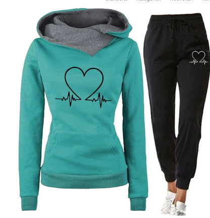 Love Heart Printed Sports Suit Hooded Sweatshirt Top And Drawstring Pants Fashion Casual Track Suit for Women's