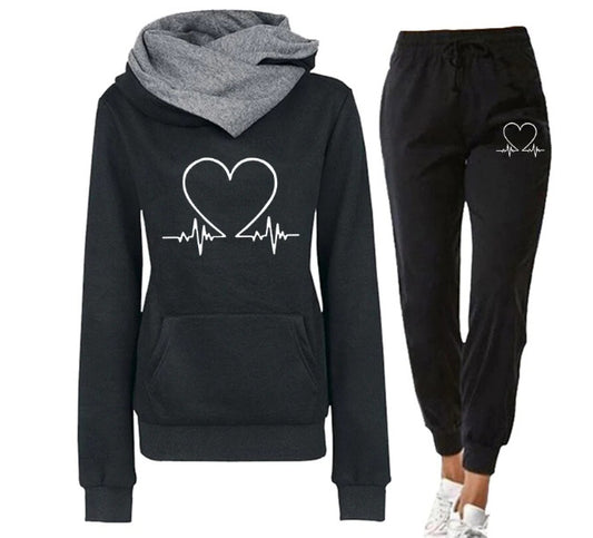 Love Heart Printed Sports Suit Hooded Sweatshirt Top And Drawstring Pants Fashion Casual Track Suit for Women's