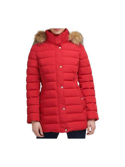 Women's Red Parachute Faux Fur Trim Hooded Puffer Coat