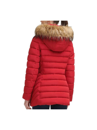 Women's Red Parachute Faux Fur Trim Hooded Puffer Coat