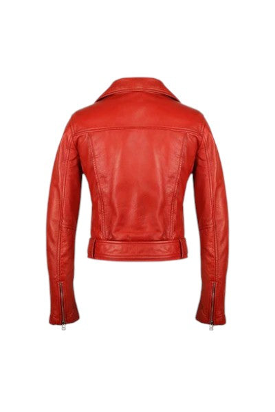 Women's Red Faux Fur Classic Stylish Motorcycle Biker Leather Jacket